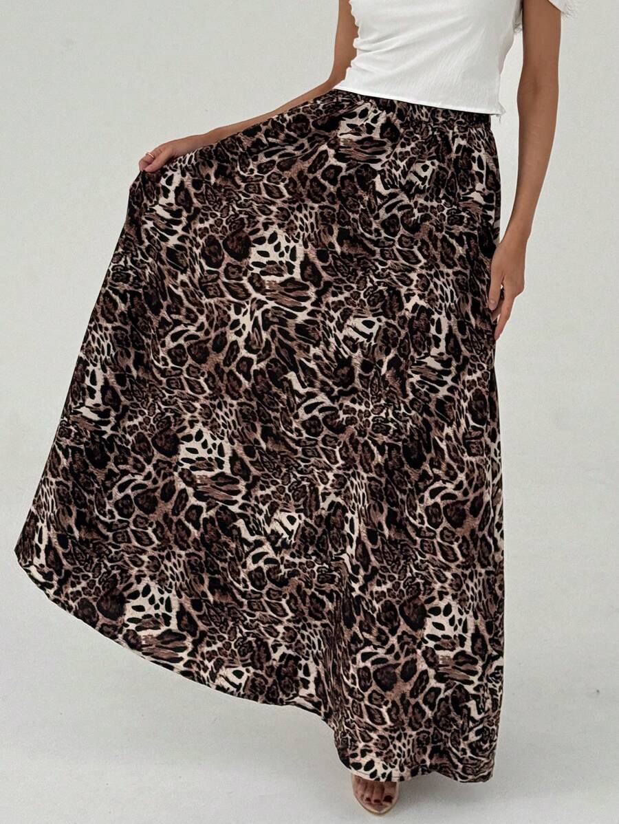 Aloruh Elegant Leopard Print High Waist Maxi A-Line Skirt, Slimming
