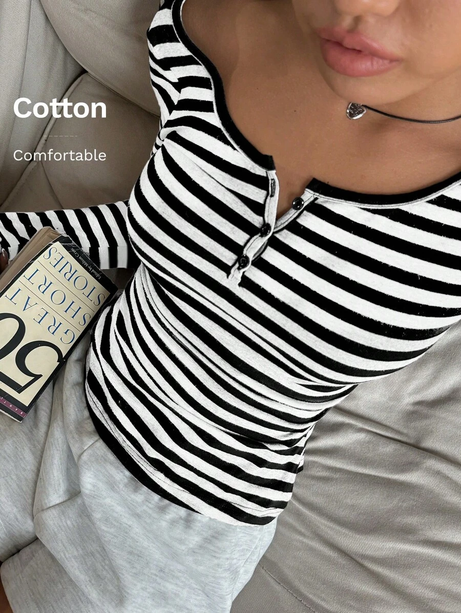 CovetEZ 女士新款棉混纺黑白条纹半拉链 T 恤