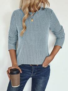 Lymera 女士休闲条纹圆领长袖宽松T恤，秋季印花T恤，适合春秋季外出、派对、圣诞节、感恩节、新年、工作、办公室、通勤等场合。 - 淺藍色 - 查看 6