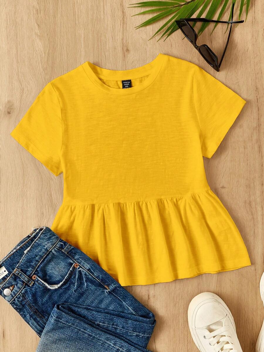 SHEIN EZwear Áo đầm cotton màu vàng trơn dáng chữ A cổ tròn phối màu dành cho nữ cỡ lớn. - Màu vàng - Xem 1