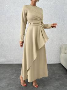 EURMUSE Beige Long Front Detailed Long Going Out Drapy Dress - Beige - View 3