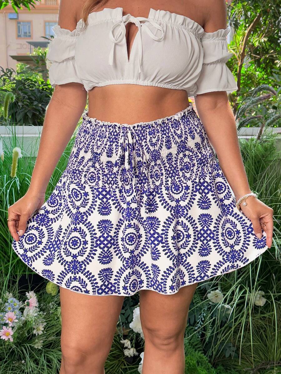 Flirla 女士大码休闲印花荷叶边沙滩裙，百搭时尚，春夏款 - 彩色 - 查看 1