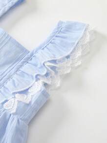 SHEIN 女童夏季编织蝴蝶图案套装：提花上衣裤子带帽子外出 - 三件套 - 淺藍色 - 查看 3