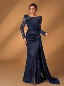 Serin 优雅奢华的海军蓝刺绣亮片蕾丝拼布缎面弹力开衩美人鱼长裙，透明长袖，适合婚礼、派对、节日、庆典、新娘送礼会 - 藏蓝色 - 查看 5