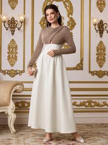 Modelyn Women's  Elegant Party Patchwork Color Cross Fit Long Sleeve Dress, Spring, Valentine's Day  Old Money  Festival   Modest   Sundress