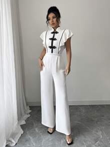 SHEIN Unity Women's Elegant Ruffle Trim Chinese Button Front Jumpsuit, Summer - Beige - View 5