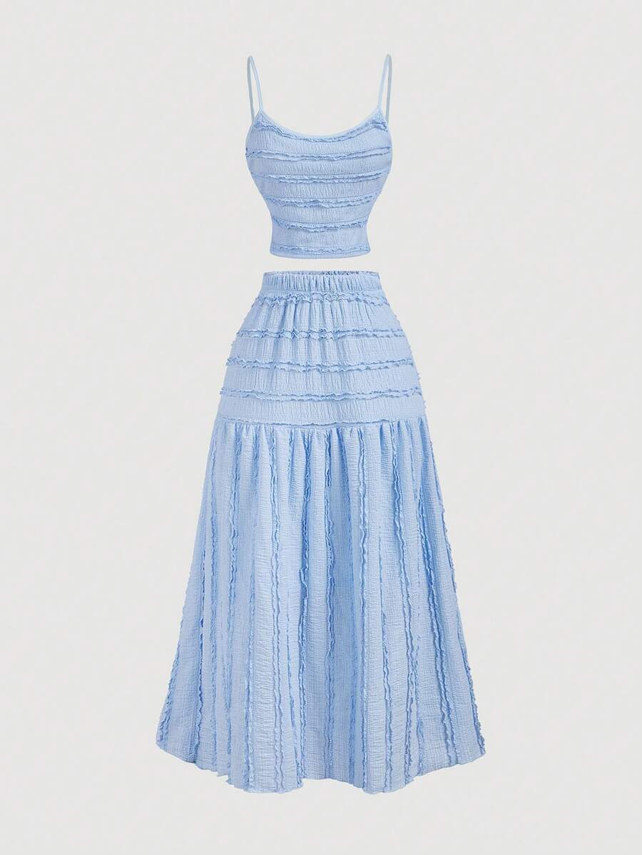 SHEIN MOD 女士蓝色优雅荷叶边吊带背心和裙子 2 件套，女士度假装，女士夏季装，女士西装，乡村装，度假两件套 - 藍色 - 查看 1