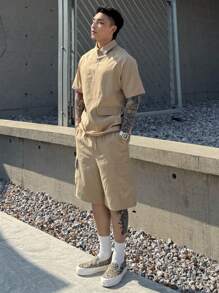 DAZY Conjunto de camisa polo y shorts de unicolor para hombres, ropa de trabajo de verano para exteriores