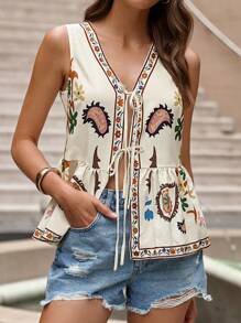 SHEIN Clasi Top casual estampado com base de damasco feminino, simples e moderno para uso diário - Multicolorido - Ver 3