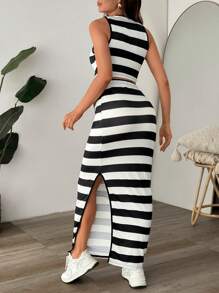 SHEIN Striped Tank Top & Bodycon Slit Skirt Set - Black and White - View 2