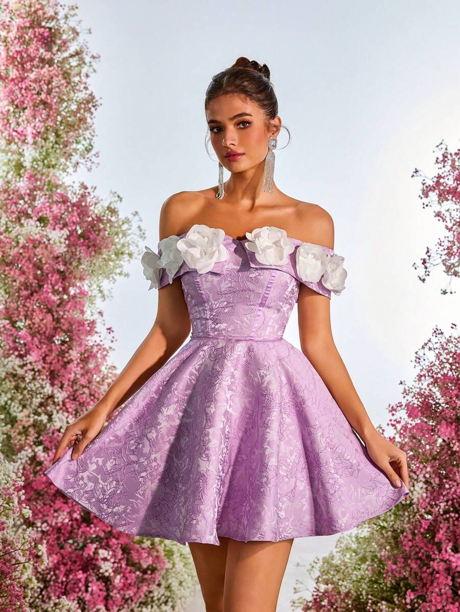 Lovelzi Elegant Purple & White Color Block Textured Off Shoulder A-Line Princess Dress With Adjustable Tie Back, Wedding Guest Dress, Suitable For Date, Birthday Party, Wedding, Prom - Mauve Purple - View 1
