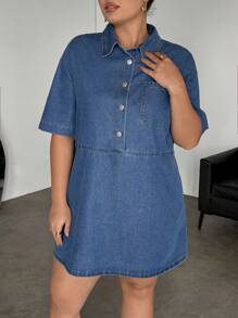 SHEIN EZwear Plus Size Casual Short Sleeve Mini Denim Dress, Blue,Blue,Suitable For Parties, Holidays, Dates, Valentine's Day, Afternoon Tea, Summer / Summer Outfits / Summer Clothes,Year-Round,For Spring/Summer Holiday,Suitable For Summer,Blue Summer,Vacation Outfits Woman,Easter,Spring,Western,Office Outfits For Women,Rave Outfits,Baby Shower Dress,Cottagecore,Country Outfits Women,Old Money Style Women,Going Out Outfits, ,Festival Outfits,Rodeo Outfit,Airport Outfit For Women,Kpop,Tropical Vacation Woman Clothes,Nashville Outfits,European Summer,Concert,Cowgirl Outfit,Graduation Outfit,Beach Outfits For Woman,Vacation Outfits Women,Beach,Boho Women Clothing,Cruise Attire Women,Old Money Style Women,Ibiza Outfits,Boho Chic,Dresses For Women Elegant,Beach Dress,Graduation Dress,Vacation Dress,Easter Dress,Sundress