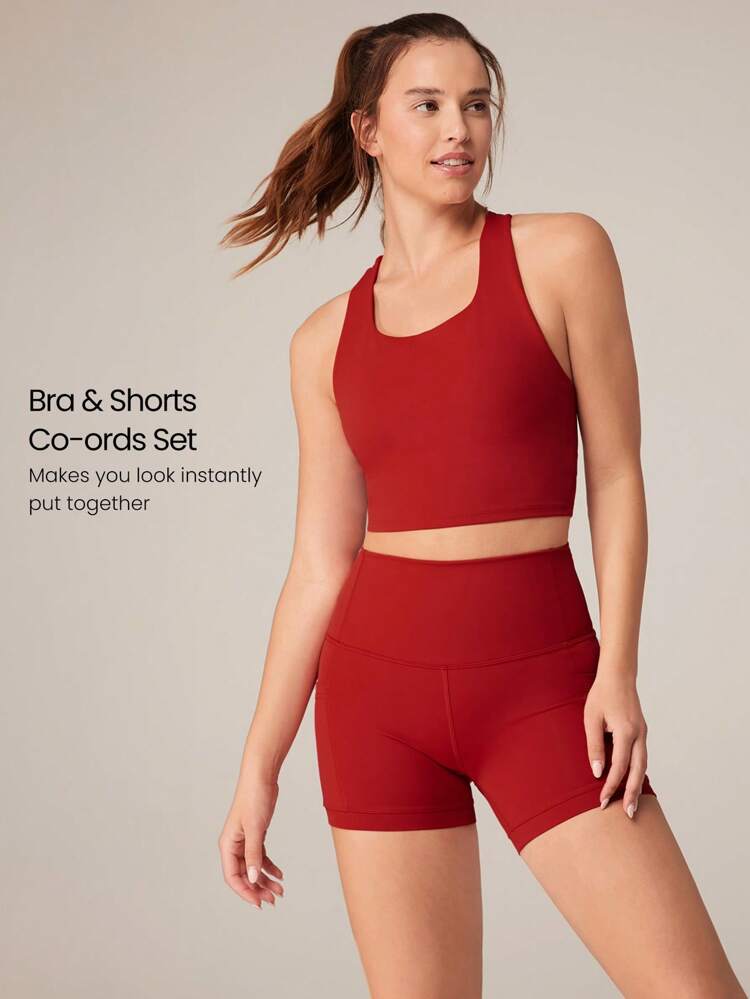 2 Pieces  Powersculpt™ Sweat-Wicking Cool Feel High Stretch Crossover Back Tank Removable Seamless Cups & 4.3'' Biker Shorts With Side Pockets Set High Impact Workout Running Training