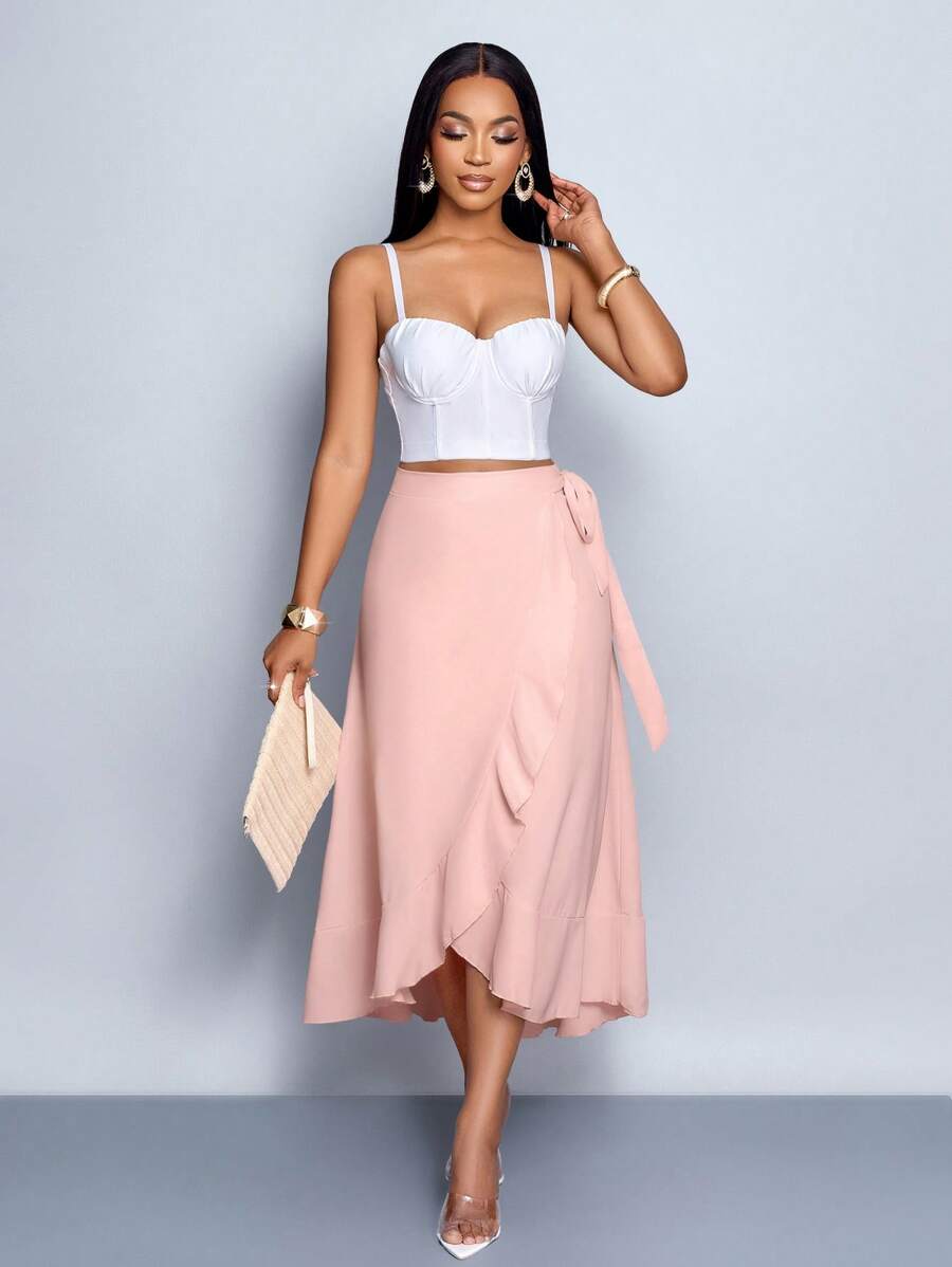 SOLERSUN Solid Wrap Hem Tie Side Skirt Women Skirt - Baby Pink - View 1