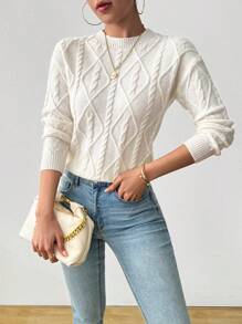 SHEIN LUNE Argyle Pattern Cable Knit Sweater Knit Pullover Fall Winter - White - View 7