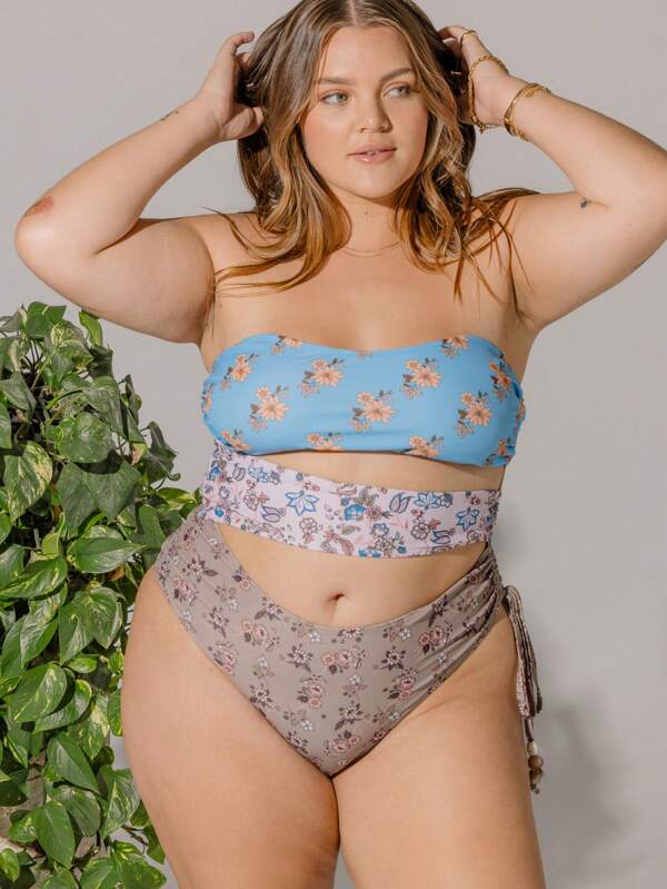 Aralina Plus Size Curve Floral Print Boho Colorblock Strapless Bandeau One Piece Swimsuit With Swim Bag
