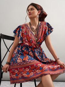 SHEIN VCAY Große Größen Damen Sommer Lässig Urlaub Western Country Schmetterlingsärmel Wickelkleid