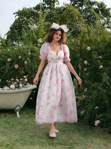 SHEIN MOD Rosa Blumen Muster Puff Taille Rock, geeignet für Urlaub, Reise, Date, Nachmittagstee - Verschiedenfarbig - Übersicht 3