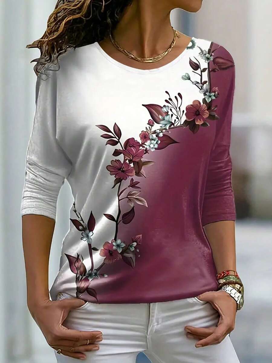 Casual Color Block & Floral Print Long Sleeve Blouse, Spring/Autumn - Multicolor - View 1