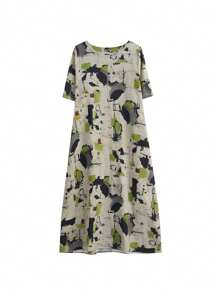 Vestido casual de mujer de cuello redondo y manga corta con estampado de batik - Caqui - Ver 3