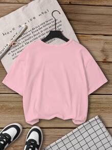 Camiseta básica de manga corta con estampado de personas y letras para niña casual - Rosa - Ver 3