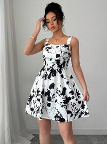 Elenzga 女士优雅花卉印花迷你连衣裙 - 黑與白 - 查看 3