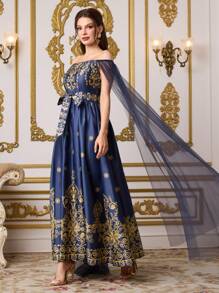 Al Najma 女士巴洛克印花露肩撞色网眼嵌件阿拉伯连衣裙 - 藍色 - 查看 5