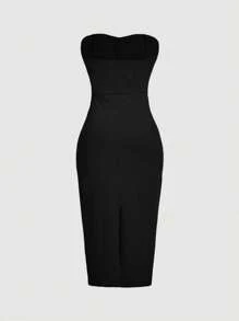 SHEIN MOD 女式加大码黑色 3D 花卉褶饰修身中长连衣裙 - 黑色 - 查看 2