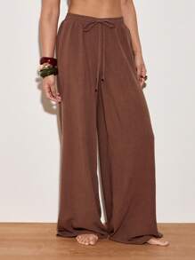 AiiRZ Wide Leg Linen Palazzo Pants Resort Wear Vacation Beach Loose Flowing Summer Trousers With Drawstring Waist Loungewear