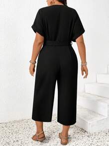 SHEIN CURVE+ Plus Size V-Neck Sleeveless Jumpsuit, Waist Cinched Tie, Pockets, Casual Summer Holiday Wearsummer/Country/Beach Vacation Outfits/Beach Outfits/Beach Wear - Black - View 2