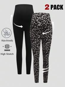 Modmama Set de leggings de maternidad ajustables de punto con estampado negro y de leopardo