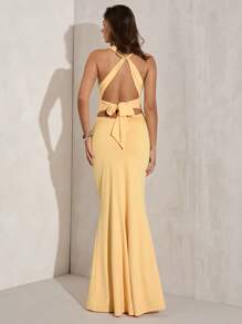 SHEIN BAE Women's Elegant Party Solid Color Twist Back Halter Fishtail Dress