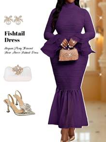 Fleurora Plus Size Elegant Party Solid Color Textured Flare Sleeve Fishtail Dress - Purple - View 2