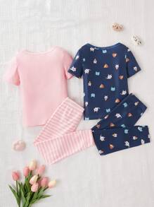 4pcs/Set Young Girl' Mosaic Kitty & Food Print Short Sleeve Shirt And Leggings Snug Fit Spring/Summer - Multicolor - View 2