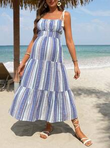 SHEIN Maternity Spaghetti Strap Striped Casual Dress With Ruffle Hem Vacation Outfits Woman Beach - Multicolor - View 4