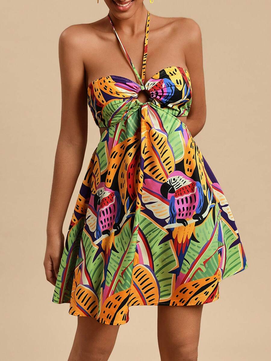 Travachic Woven Print Halter Cutout Design Women Mini Dress - Multicolor - View 1