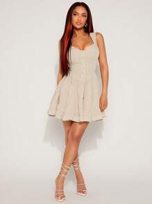 SHEIN SXY Prom Dress;Summer;Apricot Linen Flowy Ruffle Hem Form-Fitting Strapless Mini Dress, Boho Style Suitable For Romantic Dates, Gatherings, Birthdays, Parties, Music Festivals, Vacations, Beach Trips, Holidays - Apricot - View 3