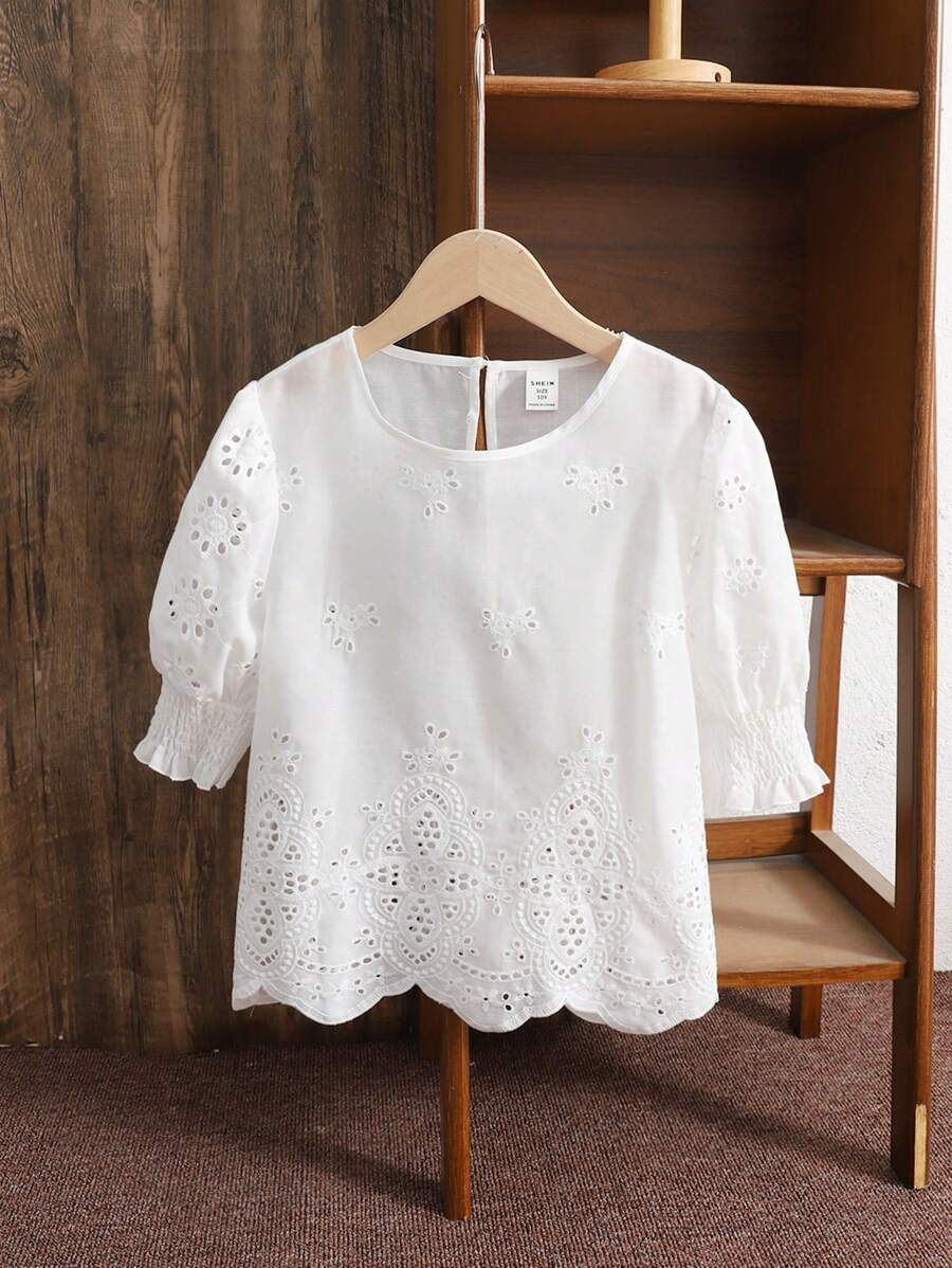 Tween Girls' Vacation Casual Fashion Woven Embroidered Short Sleeve Pullover Top - White - View 1
