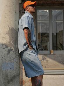 DAZY 男士夏季休闲蓝色衬衫和短裤套装 - 藍色 - 查看 7