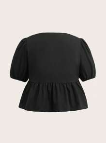 SHEIN EZwear Plus Size Women's Contrast Color Bow Decor Short Puff Sleeve Blouse - Black and White - View 2
