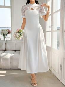 Modelyn Vestido de manga larga de alto nivel con cuello alto, plisado y encaje de contraste para mujer, color blanco