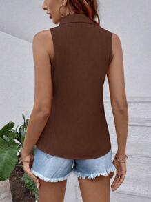 SHEIN Plain Collar Open Front Sleeveless Textured Loose Shirt - Coffee Brown - View 2