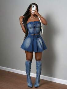 Slaydiva New Spring And Summer Casual Street V-Shaped Waist Pleated Whiskers Dark Blue Super Mini Skirt Women's Denim Skirt-EE - Dark Wash - View 6