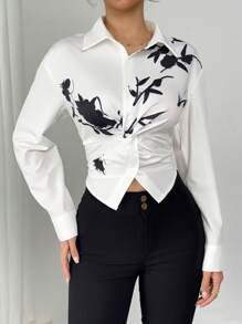 Chiquease Women's Elegant Floral Print Twist Front Blouse