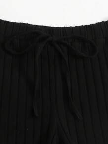 SHEIN EZwear Notch Neck Rib-knit Tank Top & Shorts Set - Black - View 3