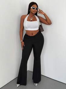 Maweii Plus Size Women Solid Color Waist Insert Lace Flare Pants - Black - View 4