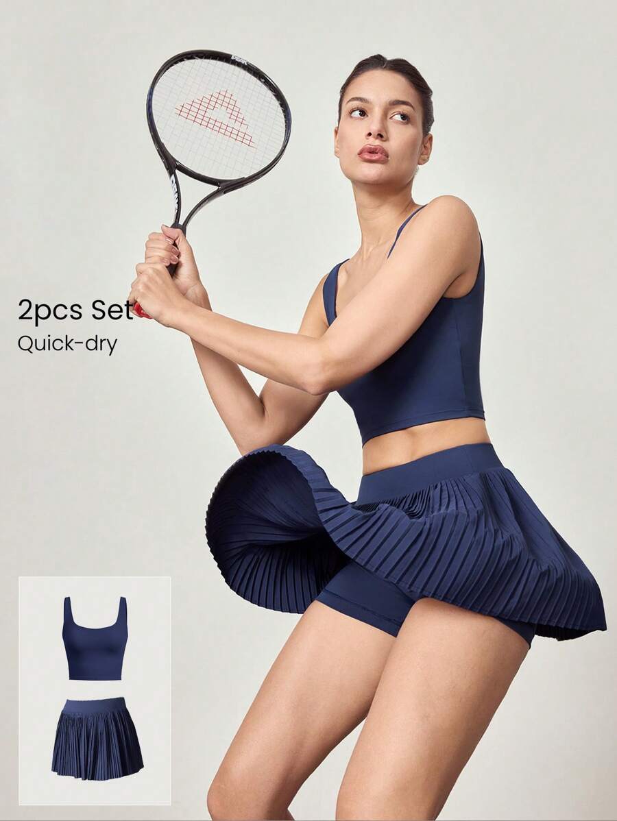 GLOWMODE 2pcs FeatherFit™-Air Sweat-Wicking Quick-Dry U-Back Tank Removable Cups & Pleated Mini Skirt With Built-In Shorts Set Daily Casual Spring Summer - Navy Blue - View 1