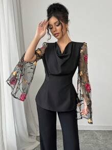 SHEIN Unity Blusa de manga larga con parche de encaje bordado con flores y pliegues, con detalles de diseño - Negro - Ver 4