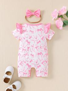 SHEIN Newborn Baby Floral Print Romper With Flutter Sleeves - Red and White - View 2