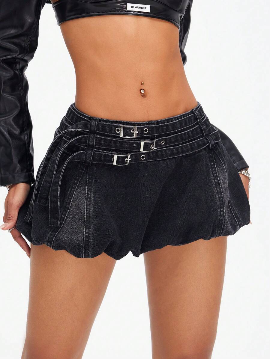 SHEIN ICON Women's Adjustable Buckle Short Denim A-Line Skirt